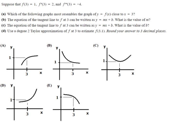 Suppose that f(3) = 1, f'(3) = 2, and f"(3) = -4.
(a) Which of the following graphs most resembles the graph of y = f(x) close to x = 3?
(b) The equation of the tangent line to f at 3 can be written as y = mx + b. What is the value of m?
(c) The equation of the tangent line to f at 3 can be written as y = mx + b. What is the value of b?
(d) Use a degree 2 Taylor approximation of f at 3 to estimate f(3.1). Round your answer to 3 decimal places.
(A)
1.
3
(D) y
(E)
1
3
