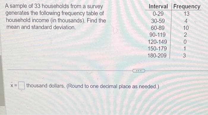 A sample of 33 households from a survey
generates the following frequency table of
household income (in thousands). Find the
mean and standard deviation.
X =
Interval Frequency
0-29
30-59
60-89
90-119
120-149
150-179
180-209
thousand dollars. (Round to one decimal place as needed.)
342NO-3
13
10
0
1