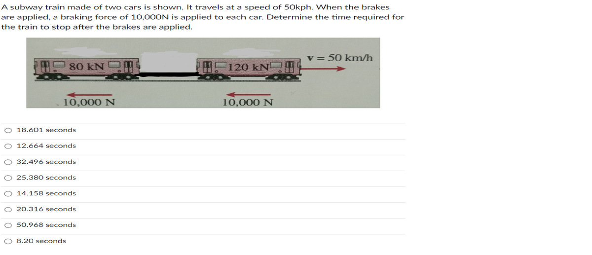 A subway train made of two cars is shown. It travels at a speed of 50kph. When the brakes
are applied, a braking force of 10,00ON is applied to each car. Determine the time required for
the train to stop after the brakes are applied.
80 KN
10,000 N
18.601 seconds
O 12.664 seconds
32.496 seconds
25.380 seconds
14.158 seconds
O 20.316 seconds
50.968 seconds
8.20 seconds
120 kN
10,000 N
v = 50 km/h