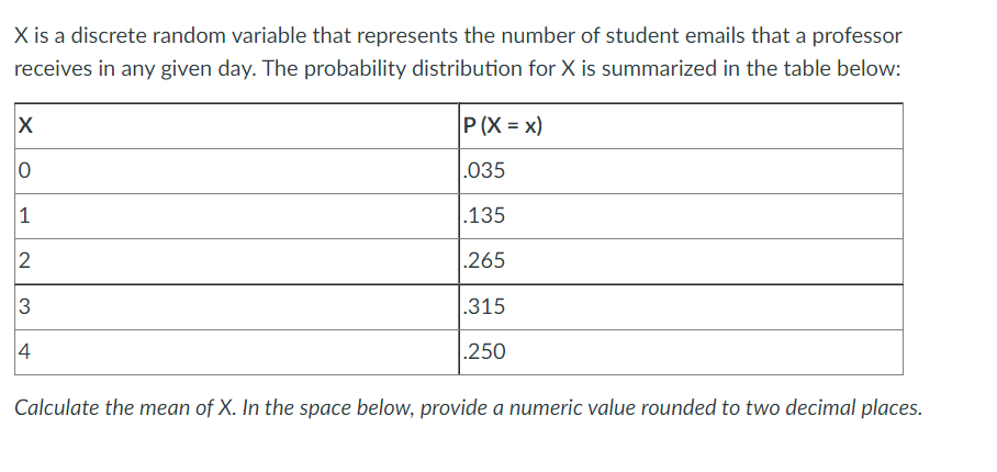 X is a discrete random variable that represents the number of student emails that a professor
receives in any given day. The probability distribution for X is summarized in the table below:
P (X = x)
.035
1
.135
.265
3
.315
4
.250
Calculate the mean of X. In the space below, provide a numeric value rounded to two decimal places.
