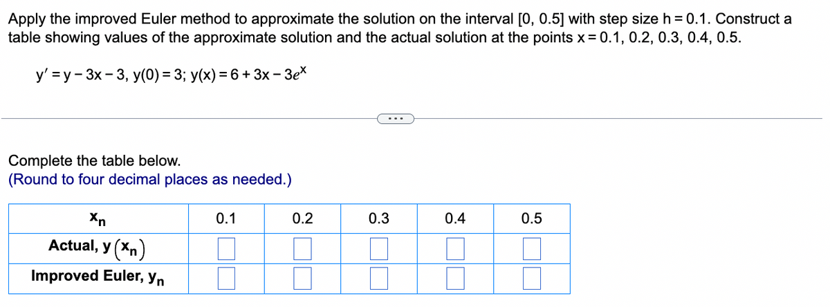 Apply the improved Euler method to approximate the solution on the interval [0, 0.5] with step size h = 0.1. Construct a
table showing values of the approximate solution and the actual solution at the points x = 0.1, 0.2, 0.3, 0.4, 0.5.
y' y 3x-3, y(0) = 3; y(x) = 6+3x-3e*
Complete the table below.
(Round to four decimal places as needed.)
✗n
Actual, y (xn)
Improved Euler, yn
0.1
0.2
0.3
0.4
0.5