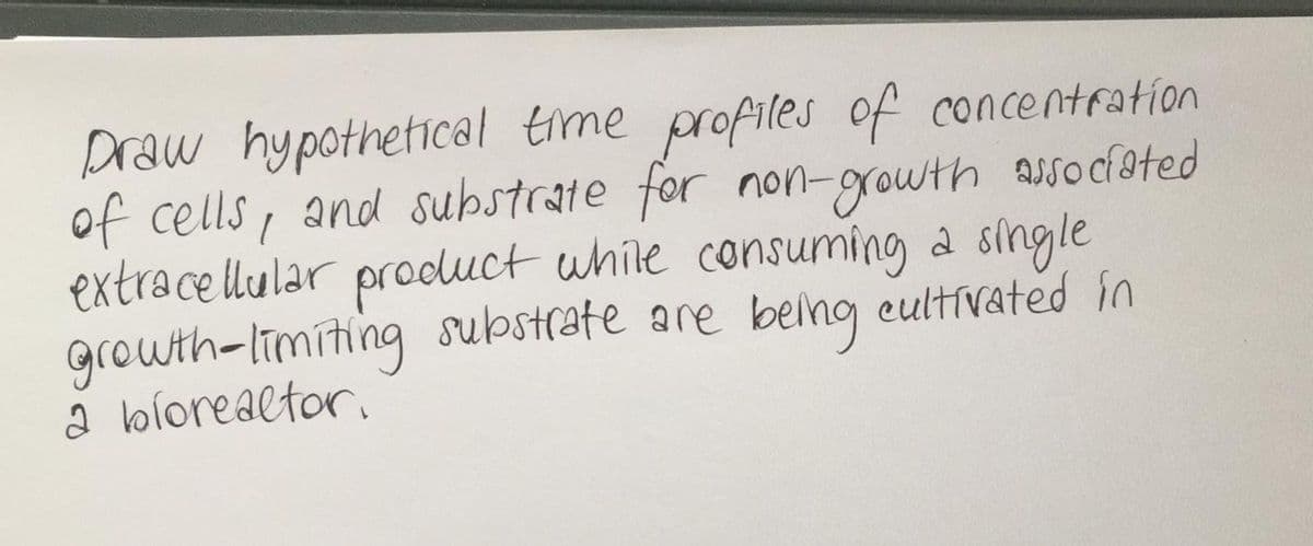 Draw hypothetical time profiles of concentration
of cells, and substrate for non-
extracellular product uhile consuming a single
growth-limiting substrate are being eultívated in
a bíoreaetor.
growth assocfated
