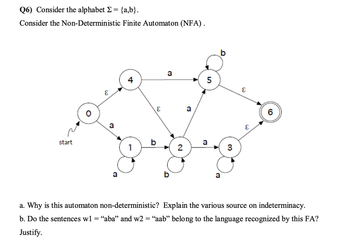 Q6) Consider the alphabet Σ = {a,b}.
Consider the Non-Deterministic Finite Automaton (NFA).
start
O
a
a
4
1
&
a
b
2
a
5
a
a
3
&
&
6
a. Why is this automaton non-deterministic? Explain the various source on indeterminacy.
b. Do the sentences w1 = "aba" and w2 = “aab” belong to the language recognized by this FA?
Justify.