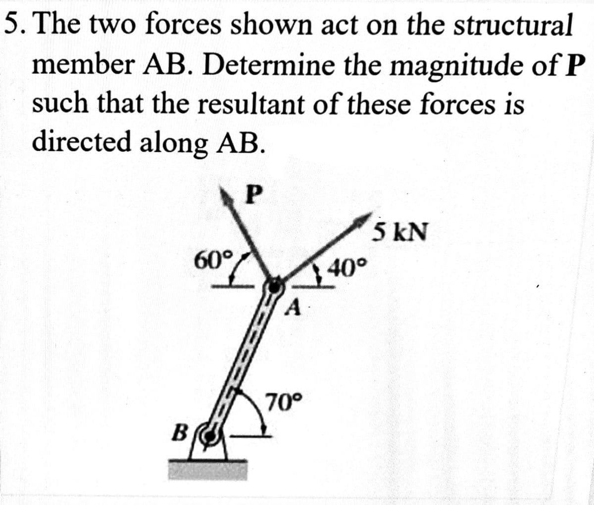 5. The two forces shown act on the structural
member AB. Determine the magnitude of P
such that the resultant of these forces is
directed along AB.
P
B
60°
A
70°
40°
5 KN