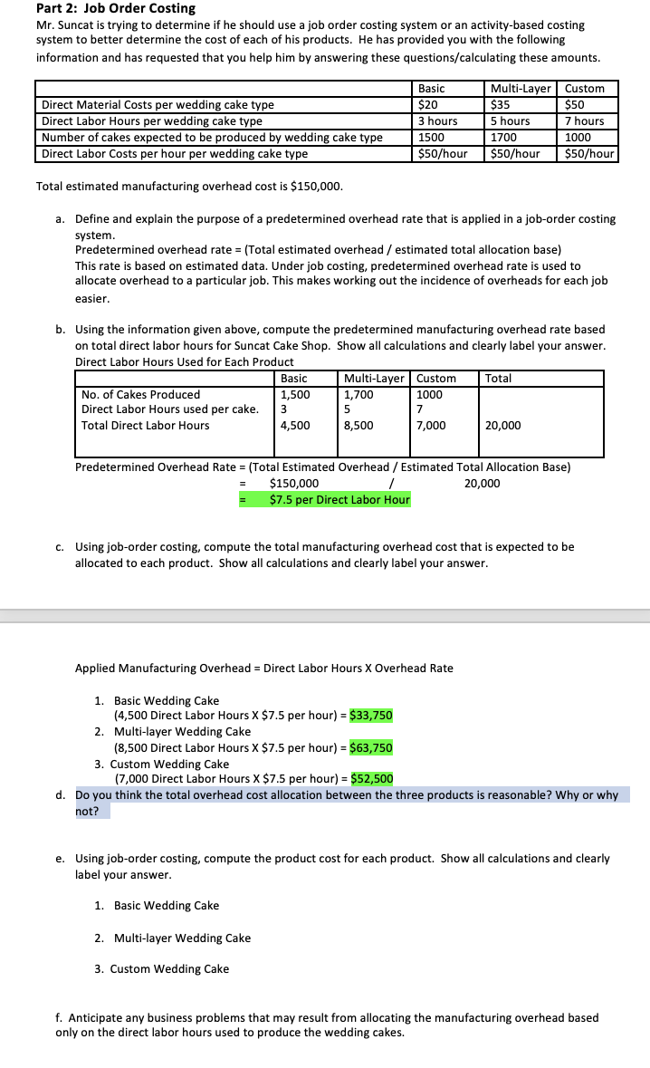 Part 2: Job Order Costing
Mr. Suncat is trying to determine if he should use a job order costing system or an activity-based costing
system to better determine the cost of each of his products. He has provided you with the following
information and has requested that you help him by answering these questions/calculating these amounts.
Direct Material Costs per wedding cake type
Direct Labor Hours per wedding cake type
Number of cakes expected to be produced by wedding cake type
Direct Labor Costs per hour per wedding cake type
Total estimated manufacturing overhead cost is $150,000.
a. Define and explain the purpose of a predetermined overhead rate that is applied in a job-order costing
system.
No. of Cakes Produced
Direct Labor Hours used per cake.
Total Direct Labor Hours
Basic
$20
3 hours
1500
$50/hour
Predetermined overhead rate= (Total estimated overhead / estimated total allocation base)
This rate is based on estimated data. Under job costing, predetermined overhead rate is used to
allocate overhead to a particular job. This makes working out the incidence of overheads for each job
easier.
Basic
1,500
3
4,500
b. Using the information given above, compute the predetermined manufacturing overhead rate based
on total direct labor hours for Suncat Cake Shop. Show all calculations and clearly label your answer.
Direct Labor Hours Used for Each Product
Multi-Layer Custom
1000
7
7,000
1,700
5
8,500
Multi-Layer Custom
$50
7 hours
1000
$50/hour
$35
5 hours
1700
$50/hour
Applied Manufacturing Overhead = Direct Labor Hours X Overhead Rate
1. Basic Wedding Cake
(4,500 Direct Labor Hours X $7.5 per hour) = $33,750
2. Multi-layer Wedding Cake
Total
Predetermined Overhead Rate = (Total Estimated Overhead / Estimated Total Allocation Base)
$150,000
1
20,000
$7.5 per Direct Labor Hour
20,000
c. Using job-order costing, compute the total manufacturing overhead cost that is expected to be
allocated to each product. Show all calculations and clearly label your answer.
(8,500 Direct Labor Hours X $7.5 per hour) = $63,750
3. Custom Wedding Cake
(7,000 Direct Labor Hours X $7.5 per hour) = $52,500
d. Do you think the total overhead cost allocation between the three products is reasonable? Why or why
not?
e. Using job-order costing, compute the product cost for each product. Show all calculations and clearly
label your answer.
1. Basic Wedding Cake
2. Multi-layer Wedding Cake
3. Custom Wedding Cake
f. Anticipate any business problems that may result from allocating the manufacturing overhead based
only on the direct labor hours used to produce the wedding cakes.