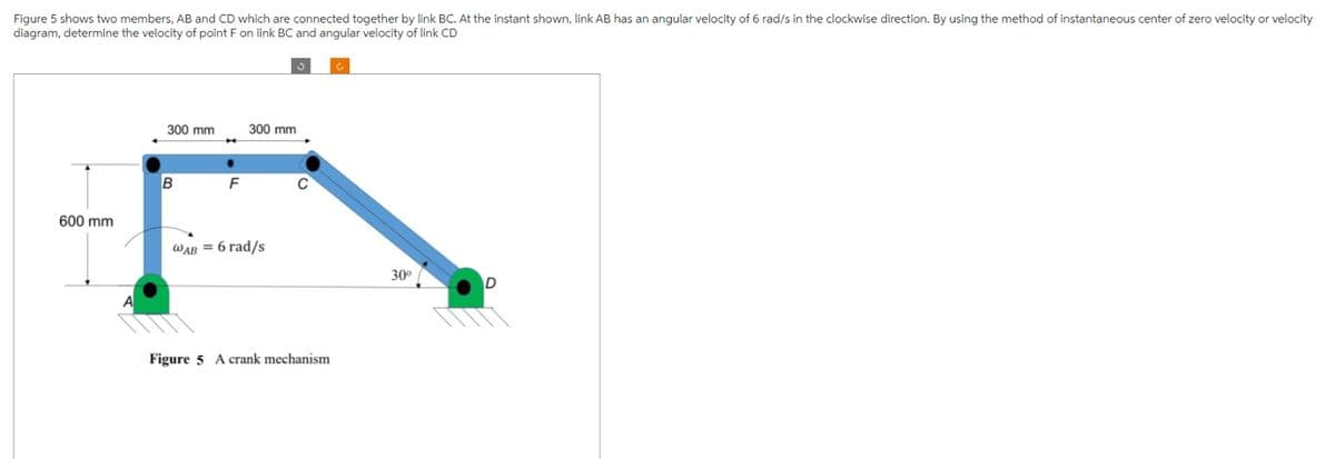 Figure 5 shows two members, AB and CD which are connected together by link BC. At the instant shown, link AB has an angular velocity of 6 rad/s in the clockwise direction. By using the method of instantaneous center of zero velocity or velocity
diagram, determine the velocity of point F on link BC and angular velocity of link CD
600 mm
300 mm
B
●
F
300 mm
WAB = 6 rad/s
C
Figure 5 A crank mechanism
30⁰
D