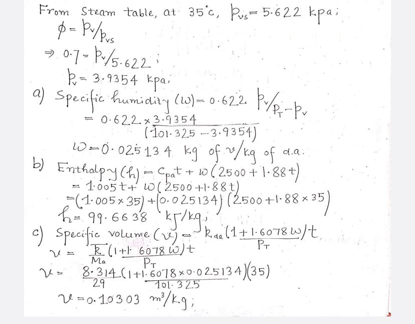 From Steam table, at 35°c, Pus= 5-622 kpa;
p=Pv/pus
⇒.0.7 - Þ/5.622;
k= 3.9354 kpa,
a) Specific humidity (W) = 0.622
0.622x3-9354
Pr/pi-pu
(101.325 -3.9354)
10-0·025 134 kg of v/kg of d.a.
b) Enthalpy (h) - Cpat + w (2500 + 1-88 +)
1005t+ (2500 +1-88t)
(1.005x35) + (0.025134) (2.500 +1-88 × 35)
h = 99.6638 kJ/kg..
c) Specific volume (v) =
R. (1+1 6078 w/t
Ma
=
kaal 1 + 1.6078 w/t
PT
v=
V = 8.314 (1+1-6078 × 0·02.5134)(35)
2.9
101.325
v=0.10303 m²/kg;