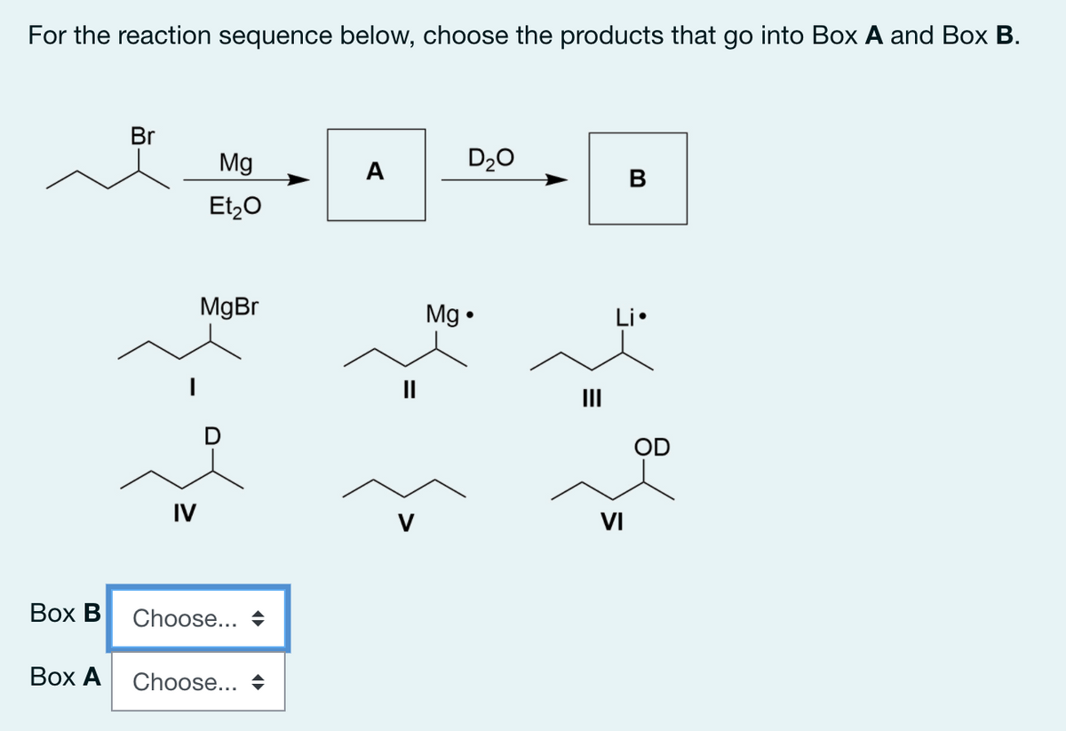 For the reaction sequence below, choose the products that go into Box A and Box B.
Br
Mg
A
D20
Et,0
MgBr
Mg •
Li•
II
II
OD
IV
V
VI
Вох В
Choose... +
Вох А
Choose...
