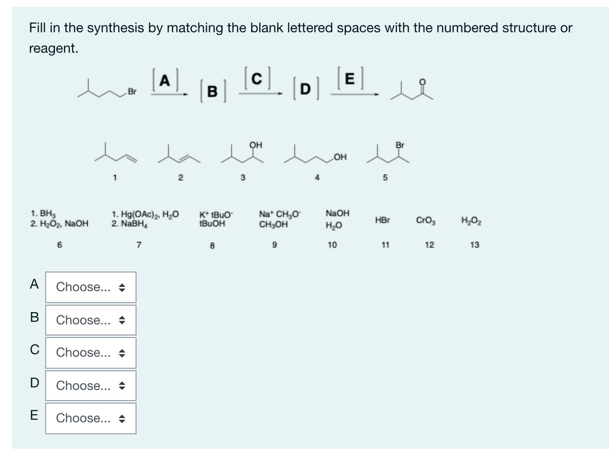 Fill in the synthesis by matching the blank lettered spaces with the numbered structure or
reagent.
|A]
в
E
Br
D
OH
Br
он
1
2
3
1. ВНз
2. H2O2, NAOH
Na* CH,0
CH3OH
NaOH
1. Hg(OAc)2, H20
2. NABH4
K* IBUO
tBuOH
HBr
Cro3
H,02
H20
7
9
10
11
12
13
A
Choose... +
В
Choose... +
Choose... +
Choose... +
E
Choose... +
