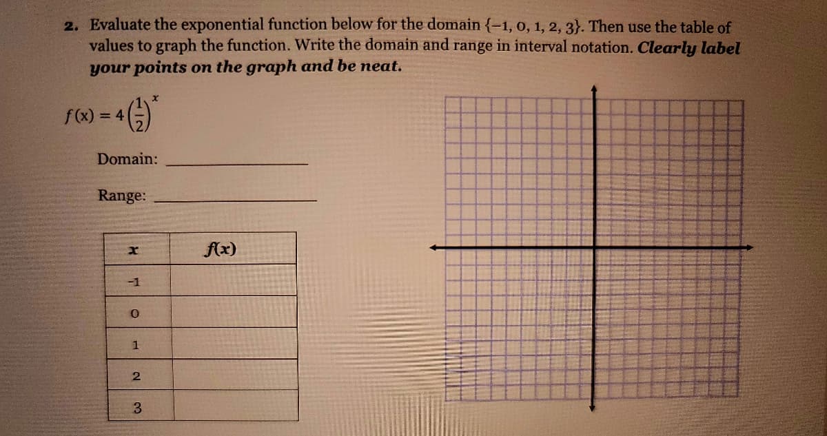 2. Evaluate the exponential function below for the domain {-1, 0, 1, 2, 3). Then use the table of
values to graph the function. Write the domain and range in interval notation. Clearly label
your points on the graph and be neat.
f(x) = 4
Domain:
Range:
x
-1
0
1
2
x
3
f(x)