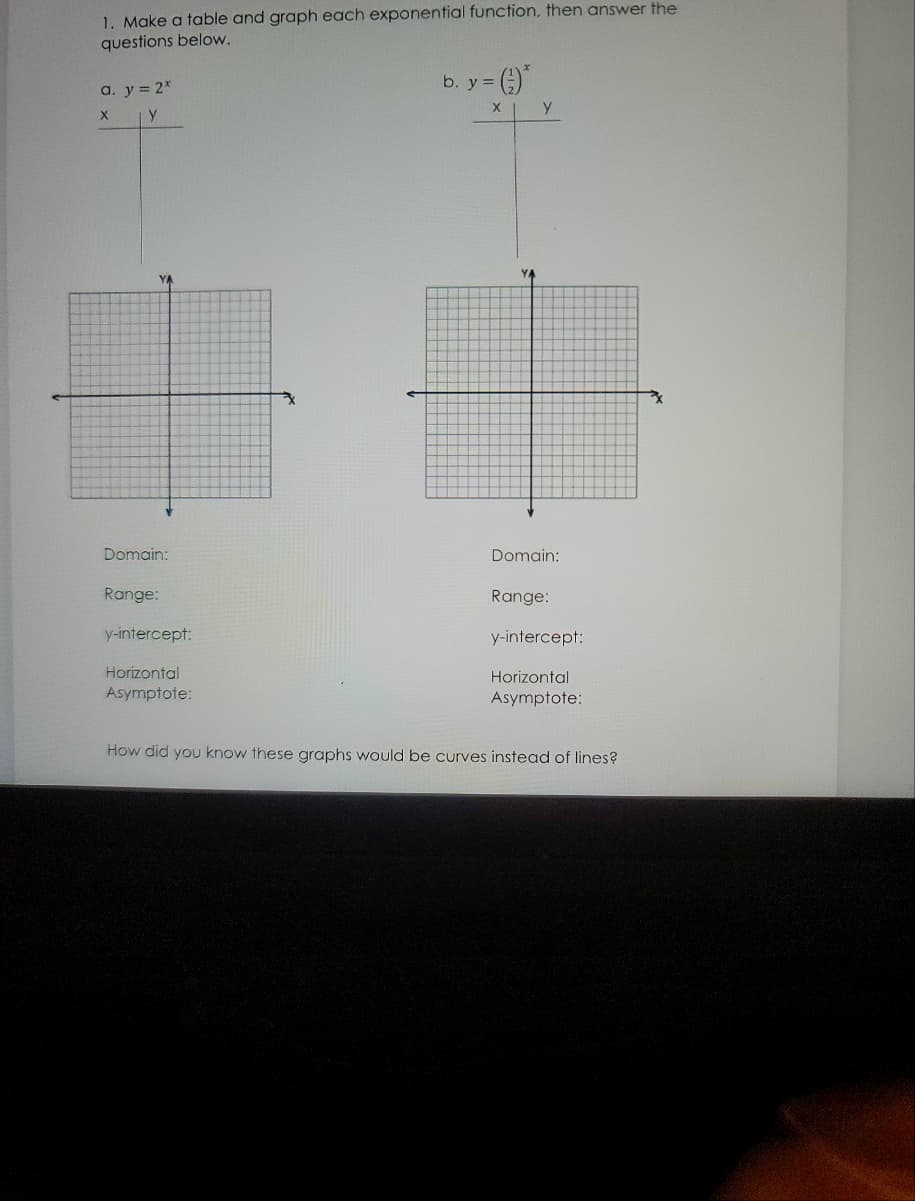 1. Make a table and graph each exponential function, then answer the
questions below.
a. y = 2x
X
y
YA
Domain:
Range:
y-intercept:
Horizontal
Asymptote:
b. y =
x y
Domain:
Range:
y-intercept:
Horizontal
Asymptote:
How did you know these graphs would be curves instead of lines?
*