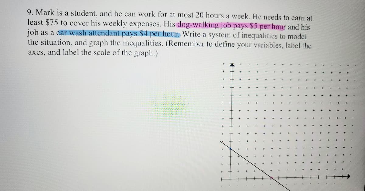 9. Mark is a student, and he can work for at most 20 hours a week. He needs to earn at
least $75 to cover his weekly expenses. His dog-walking job pays $5 per hour and his
job as a car wash attendant pays $4 per hour. Write a system of inequalities to model
the situation, and graph the inequalities. (Remember to define your variables, label the
axes, and label the scale of the graph.)