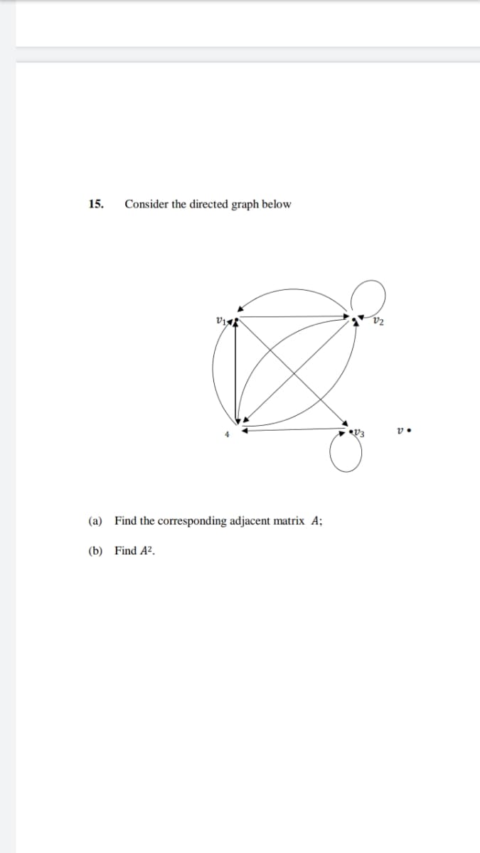 15.
Consider the directed graph below
VI
(a) Find the corresponding adjacent matrix A;
(b) Find A².
E
V₂