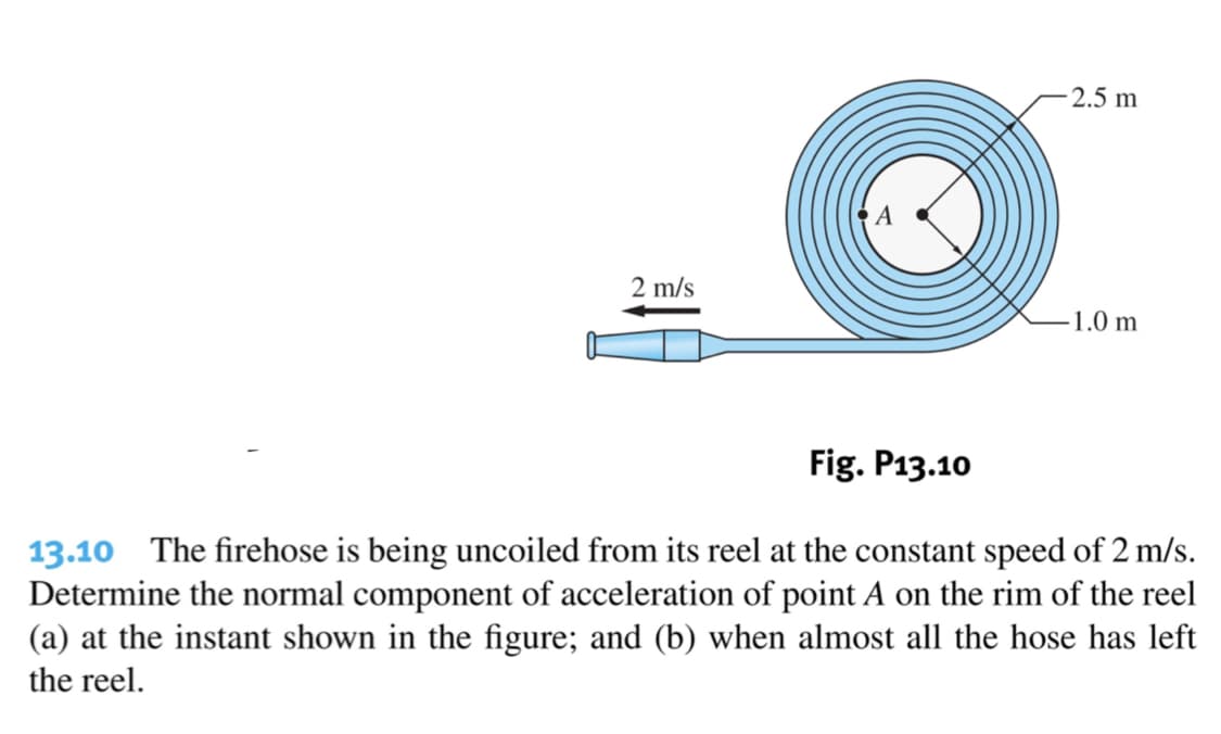 2.5 m
2 m/s
-1.0 m
Fig. P13.10
13.10 The firehose is being uncoiled from its reel at the constant speed of 2 m/s.
Determine the normal component of acceleration of point A on the rim of the reel
(a) at the instant shown in the figure; and (b) when almost all the hose has left
the reel.
