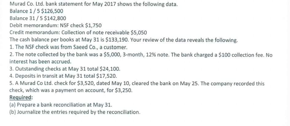 Murad Co. Ltd. bank statement for May 2017 shows the following data.
Balance 1/5 $126,500
Balance 31 /5 $142,800
Debit memorandum: NSF check $1,750
Credit memorandum: Collection of note receivable $5,050
The cash balance per books at May 31 is $133,190. Your review of the data reveals the following.
1. The NSF check was from Saeed Co., a customer.
2. The note collected by the bank was a $5,000, 3-month, 12% note. The bank charged a $100 collection fee. No
interest has been accrued.
3. Outstanding checks at May 31 total $24,100.
4. Deposits in transit at May 31 total $17,520.
5. A Murad Co Ltd. check for $3,520, dated May 10, cleared the bank on May 25. The company recorded this
check, which was a payment on account, for $3,250.
Required:
(a) Prepare a bank reconciliation at May 31.
(b) Journalize the entries required by the reconciliation.
