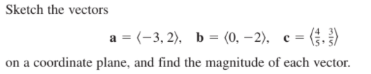 Sketch the vectors
а %3 (-3, 2), Ь %3 (0, — 2), с %3D (.)
= (§. })
on a coordinate plane, and find the magnitude of each vector.
