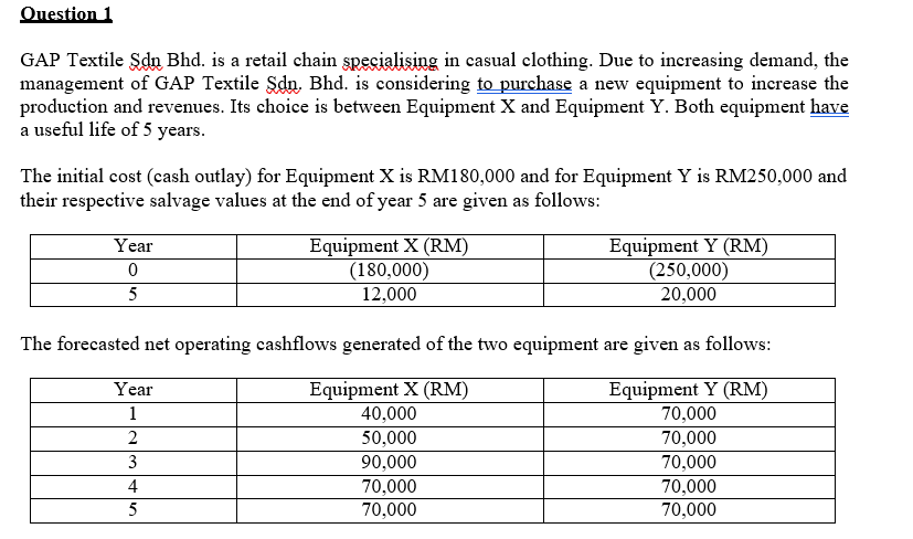 Question 1
GAP Textile Şdn Bhd. is a retail chain specialising in casual clothing. Due to increasing demand, the
management of GAP Textile Şdn, Bhd. is considering to purchase a new equipment to increase the
production and revenues. Its choice is between Equipment X and Equipment Y. Both equipment have
a useful life of 5 years.
The initial cost (cash outlay) for Equipment X is RM180,000 and for Equipment Y is RM250,000 and
their respective salvage values at the end of year 5 are given as follows:
Equipment X (RM)
(180,000)
12,000
Equipment Y (RM)
(250,000)
Year
5
20,000
The forecasted net operating cashflows generated of the two equipment are given as follows:
Equipment Y (RM)
Equipment X (RM)
40,000
50,000
90,000
70,000
70,000
Year
1
70,000
2
70,000
3
70,000
70,000
4
5
70,000
