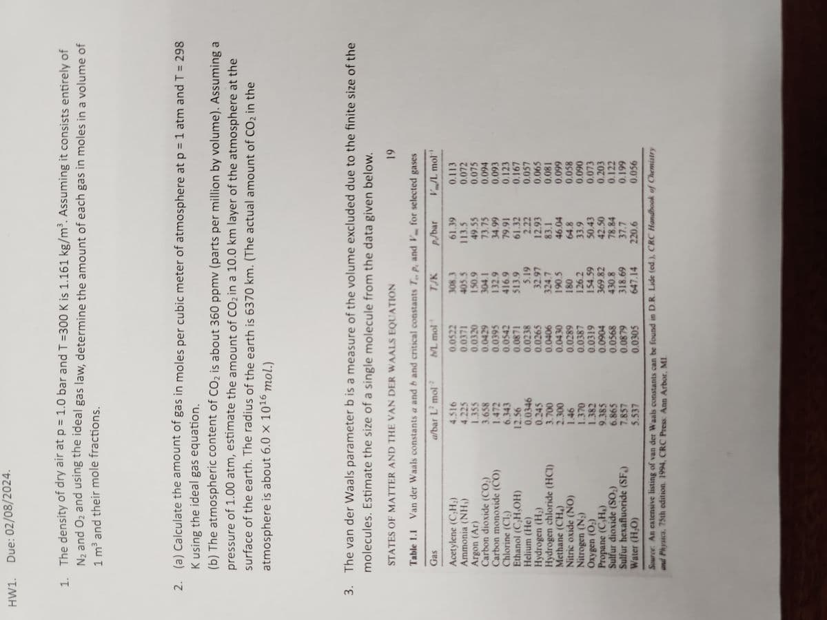 HW1. Due: 02/08/2024.
1. The density of dry air at p = 1.0 bar and T =300 K is 1.161 kg/m³. Assuming it consists entirely of
N₂ and O₂ and using the ideal gas law, determine the amount of each gas in moles in a volume of
1 m³ and their mole fractions.
2. (a) Calculate the amount of gas in moles per cubic meter of atmosphere at p = 1 atm and T = 298
K using the ideal gas equation.
(b) The atmospheric content of CO₂ is about 360 ppmv (parts per million by volume). Assuming a
pressure of 1.00 atm, estimate the amount of CO₂ in a 10.0 km layer of the atmosphere at the
surface of the earth. The radius of the earth is 6370 km. (The actual amount of CO₂ in the
atmosphere is about 6.0 x 1015 mol.)
3. The van der Waals parameter b is a measure of the volume excluded due to the finite size of the
molecules. Estimate the size of a single molecule from the data given below.
STATES OF MATTER AND THE VAN DER WAALS EQUATION
Table 1.1 Van der Waals constants a and b and critical constants T.. p, and V for selected gases
Gas
a/bar L² mol
b/L mol
TJK
p/bar
V/L mol
308.3
405.5
150.9
304.1
132.9
416.9
513.9
Acetylene (C₂H₂)
Ammonia (NH₁)
Argon (Ar)
Carbon dioxide (CO₂)
Carbon monoxide (CO)
Chlorine (Cl₂)
Ethanol (C,H,OH)
Helium (He)
Hydrogen (H₂)
Hydrogen chloride (HCI)
Methane (CH₂)
Nitric oxide (NO)
Nitrogen (N₂)
Oxygen (O₂)
Propane (C,Hs)
Sulfur dioxide (SO₂)
Sulfur hexafluoride (SF)
Water (H₂O)
4.516
4.225
1.355
3.658
1.472
6.343
12.56
0.0346
0.245
3.700
2.300
1.46
1.370
1.382
9.385
6.865
7.857
5.537
0.0522
0.0371
0.0320
0.0429
0.0395
0.0542
0.0871
0.0238
0.0265
0.0406
0.0430
0.0289
0.0387
0.0319
0.0904
0.0568
0.0879
0.0305
5.19
32.97
324.7
190.5
180
126.2
154.59
369.82
430.8
318.69
647.14
61.39
113.5
49.55
73.75
34.99
79.91
61.32
2.22
12.93
83.1
46.04
64.8
33.9
50.43
42.50
78.84
37.7
220.6
0.113
0.072
0.075
0.094
0.093
0.123
0.167
0.057
0.065
0.081
0.099
0.058
0.090
0.073
0.203
0.122
0.199
0.056
19
Source: An extensive listing of van der Waals constants can be found in D.R. Lide (ed.), CRC Handbook of Chemistry
and Physics, 75th edition. 1994, CRC Press: Ann Arbor, MI.