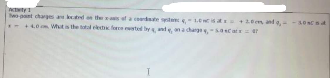 Activity 1
Two-point charges are located on the x-axis of a coordinate system: q.= 1.0 nC is at x = +20 cm, and q, =
- 3.0 nC is at
+ 4.0 cm. What is the total electric force exerted by q, and q, on a charge q. - 5.0 nc at x = 0?
