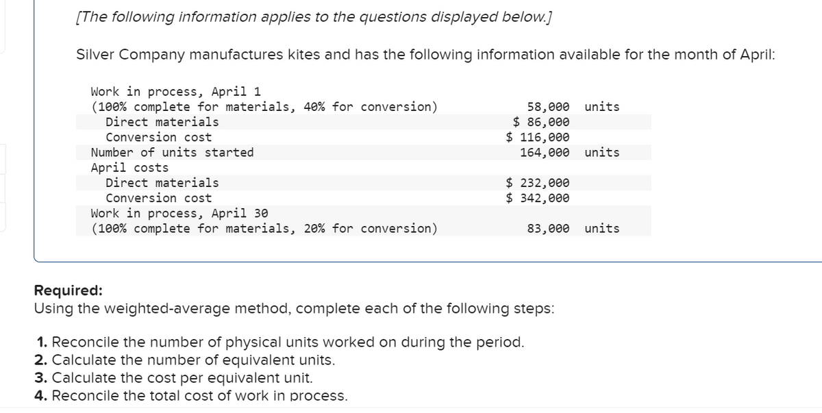 [The following information applies to the questions displayed below.]
Silver Company manufactures kites and has the following information available for the month of April:
Work in process, April 1
(100% complete for materials, 40% for conversion)
Direct materials
Conversion cost
Number of units started
April costs
Direct materials
Conversion cost
Work in process, April 30
(100% complete for materials, 20 % for conversion)
58,000 units
$ 86,000
$ 116,000
3. Calculate the cost per equivalent unit.
4. Reconcile the total cost of work in process.
164,000 units
$ 232,000
$ 342,000
Required:
Using the weighted-average method, complete each of the following steps:
1. Reconcile the number of physical units worked on during the period.
2. Calculate the number of equivalent units.
83,000 units