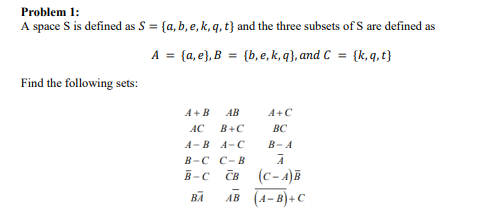 Problem 1:
A space S is defined as S = {a, b, e, k, q, t} and the three subsets of S are defined as
= {a, e}, B = {b, e, k, q}, and C = {k,q, t}
A
Find the following sets:
A+B
АВ
A+C
AC
B+C
ВС
A-B A-C
B-A
В -с с-в
E-c ČB (c-A)B
AB (4-B)+C
BA
