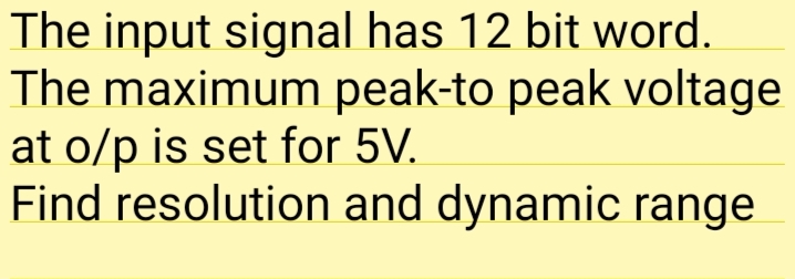 The input signal has 12 bit word.
The maximum peak-to peak voltage
at o/p is set for 5V.
Find resolution and dynamic range
