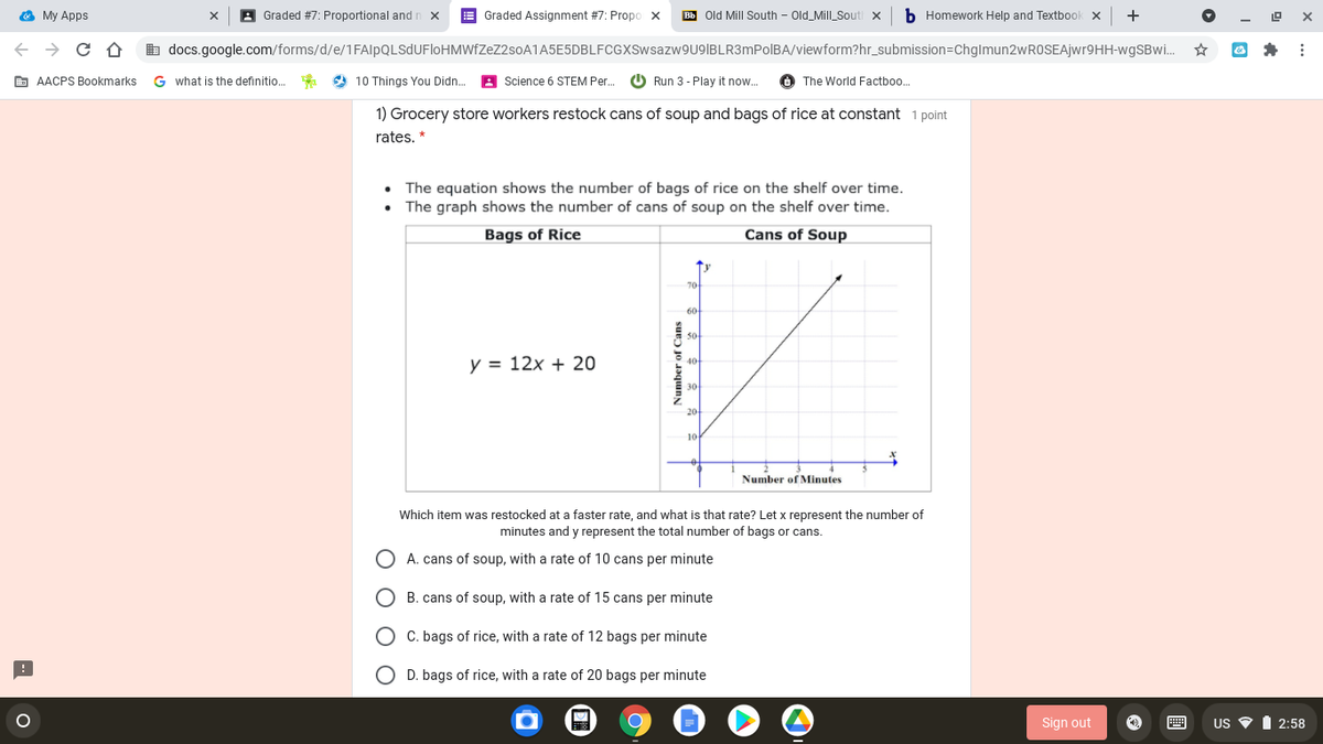 O My Apps
A Graded #7: Proportional and r
E Graded Assignment #7: Propo x
Bb Old Mill South - Old_Mill_Souti x
b Homework Help and Textbook x
+
X
-
b docs.google.com/forms/d/e/1FAlpQLSdUFloHMWfZeZ2soA1A5E5DBLFCGXSwsazw9U9IBLR3mPolBA/viewform?hr_submission=ChgImun2wROSEAjwr9HH-wgSBwi..
E AACPS Bookmarks
G what is the definitio.
O 10 Things You Didn.
A Science 6 STEM Per.
O Run 3 - Play it now.
O The World Factboo.
1) Grocery store workers restock cans of soup and bags of rice at constant 1 point
rates, *
• The equation shows the number of bags of rice on the shelf over time.
The graph shows the number of cans of soup on the shelf over time.
Bags of Rice
Cans of Soup
70
y = 12x + 20
30
20-
10
Number of Minutes
Which item was restocked at a faster rate, and what is that rate? Let x represent the number of
minutes and y represent the total number of bags or cans.
A. cans of soup, with a rate of 10 cans per minute
B. cans of soup, with a rate of 15 cans per minute
O C. bags of rice, with a rate of 12 bags per minute
O D. bags of rice, with a rate of 20 bags per minute
Sign out
US 9 I 2:58
O O
