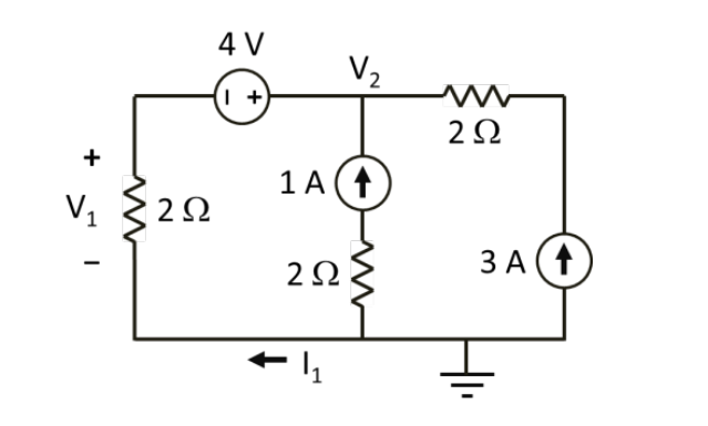 +
V₁
2Ω
4V
I +
V₂
1A (1)
2Ω
ww
2Ω
3A (4