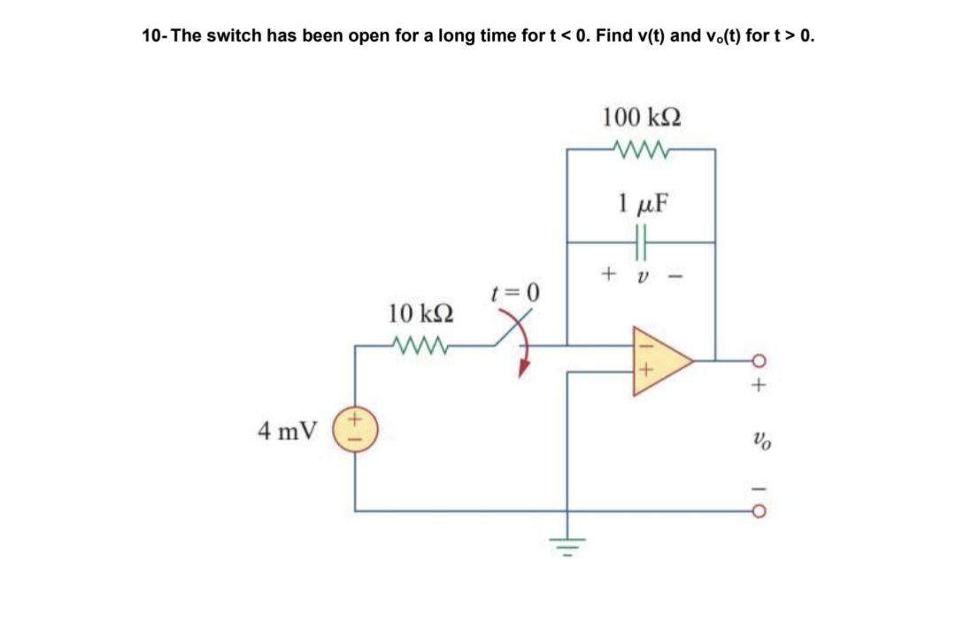 10- The switch has been open for a long time for t < 0. Find v(t) and vo(t) for t > 0.
4 mV
10 ΚΩ
t=0
100 ΚΩ
1 μF
+ ν
+
Vo