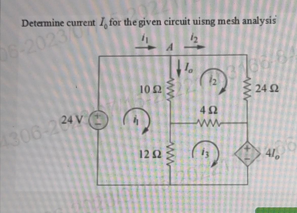 Determine current I for the given circuit uisng mesh analysis
06-2023/
41
12
4306-224
V
1022
12 Ω
A
ww
10
2
452
www
€
13
www
24 92
410