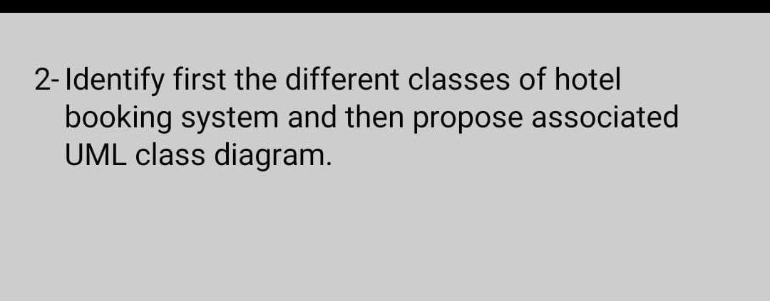 2- Identify first the different classes of hotel
booking system and then propose associated
UML class diagram.
