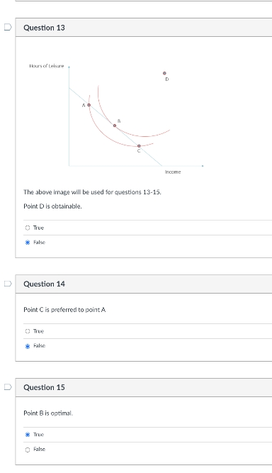 Question 13
Hours of Leisure
Income
The above image will be used for questions 13-15.
Point D is obtainable.
O True
* False
D
Question 14
Point C is preferred to point A
O True
* False
Question 15
Point B is optimal.
* True
O False
