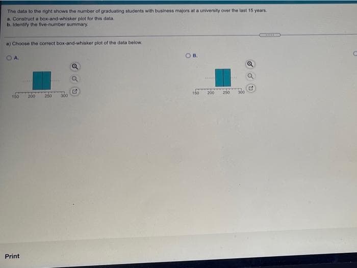 The data to the right shows the number of graduating students with business majors at a university over the last 15 years.
a. Construct a box-and-whisker plot for this data.
b. Identify the five-number summary.
a) Choose the correct box-and-whisker plot of the data below.
OA.
OB.
150
200
250
300
150
200
250
300
Print
