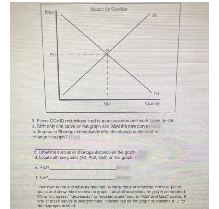 Market for Gasoline
Price
SI
Pel
DI
Qel
Quantity
9. Fewer COVID restrictions lead to more vacation and work travel by car.
a. Shift only one curve on the graph and label the new curve (
b. Surplus or Shortage immediately after the change in demand or
change in supply? (
c. Label the surplus or shortage distance on the graph.
d. Locate all new points (E2, Pe2, Qe2) on the graph.
e. Pe2?
f. Qe?
Draw new curve and label as required. Write surplus or shortage in the required
space and show this distance on graph. Label all new points on graph as required.
Write "increases, "decreases," or "indeterminate" next to Pe2? and Qe2? above. If
one of these values is indeterminate, indicate this on the graph by addition a "?" to
the appropriate label.
