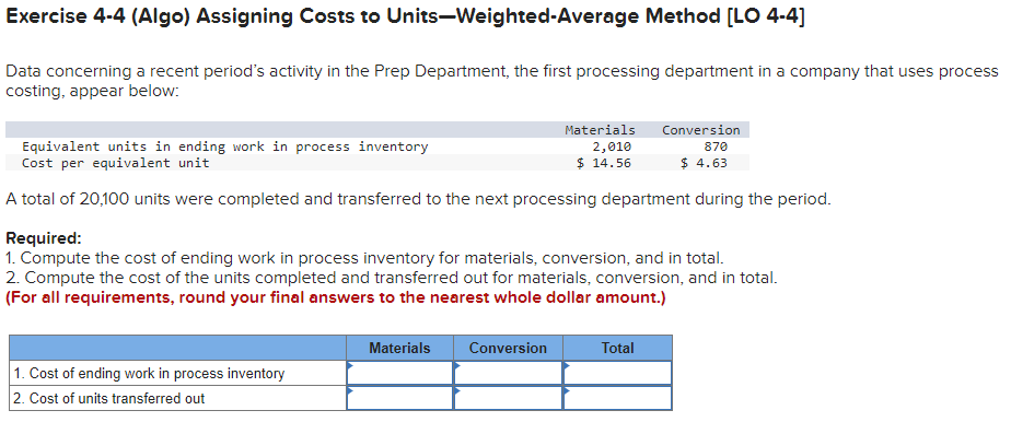 Exercise 4-4 (Algo) Assigning Costs to Units-Weighted-Average Method [LO 4-4]
Data concerning a recent period's activity in the Prep Department, the first processing department in a company that uses process
costing, appear below:
Conversion
870
Equivalent units in ending work in process inventory
Cost per equivalent unit
$ 4.63
A total of 20,100 units were completed and transferred to the next processing department during the period.
Required:
1. Compute the cost of ending work in process inventory for materials, conversion, and in total.
2. Compute the cost of the units completed and transferred out for materials, conversion, and in total.
(For all requirements, round your final answers to the nearest whole dollar amount.)
1. Cost of ending work in process inventory
2. Cost of units transferred out
Materials
Materials
2,010
$ 14.56
Conversion
Total