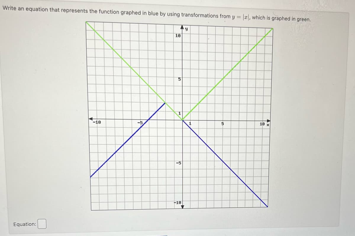 Write an equation that represents the function graphed in blue by using transformations from y =
Equation:
-18
-5
Ay
10
5
-10
5
|x, which is graphed in green.
18 x