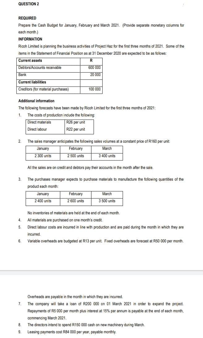 QUESTION 2
REQUIRED
Prepare the Cash Budget for January, February and March 2021. (Provide separate monetary columns for
each month.)
INFORMATION
Ricoh Limited is planning the business activities of Project Haz for the first three months of 2021. Some of the
items in the Statement of Financial Position as at 31 December 2020 are expected to be as fallows:
Current assets
Debtors/Accounts receivable
R
600 000
20 000
Bank
Current liabilities
Creditors (for material purchases)
100 000
Additional information
The following forecasts have been made by Ricoh Limited for the first three months of 2021:
1.
Direct materials
The costs of production include the following:
R26 per unit
Direct labour
R22 per unit
2.
The sales manager anticipates the following sales volumes at a constant price of R160 per unit:
January
February
March
2 300 units
2 500 units
3 400 units
All the sales are on credit and debtors pay their accounts in the month after the sale.
3.
The purchases manager expects to purchase materials to manufacture the following quantities of the
product each month:
January
February
March
2 400 units
2 600 units
3 500 units
No inventories of materials are held at the end of each month.
4. All materials are purchased on one month's credit.
5. Direct labour costs are incurred in line with production and are paid during the month in which they are
incurred.
6. Variable overheads are budgeted at R13 per unit. Fixed overheads are forecast at R50 000 per manth.
Overheads are payable in the month in which they are incurred.
7. The company will take a loan of R200 000 an 01 March 2021 in arder to expand the project.
Repayments of R5 000 per month plus interest at 15% per annum is payable at the end of each month,
commencing March 2021.
8.
The directors intend to spend R150 000 cash on new machinery during March.
9.
Leasing payments cost R84 000 per year, payable monthly.
