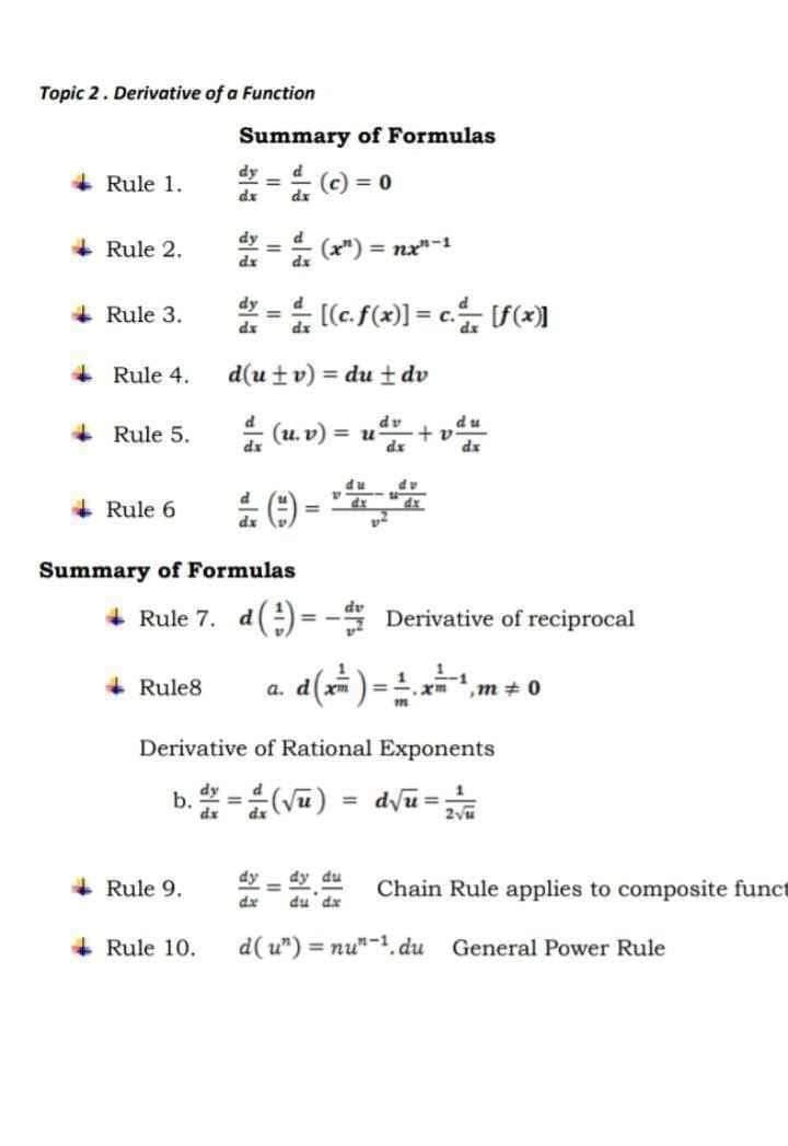 Topic 2. Derivative of a Function
Summary of Formulas
dy
+ Rule 1.
=
(c) = 0
dx
+Rule 2.
dy
=
dx
dx
(x") =
nx-1
dy
Rule 3.
dx
+ Rule 4.
y= [(c. f(x)]=c[f(x)]
dx
d(utv) du±dv
dv
Rule 5.
dx
(u,v) =
du
= u +
dx
du
*(9)-***
Rule 6
=
dx
Summary of Formulas
Rule 7. d()=-Derivative of reciprocal
Rule8
a.
d(x)=x
.xmm 0
Derivative of Rational Exponents
dy
1
b. dx=(√) = d√u= √
+Rule 9.
Rule 10.
dy dy du
dx
du dx
Chain Rule applies to composite funct
d(u") =nu".du
General Power Rule