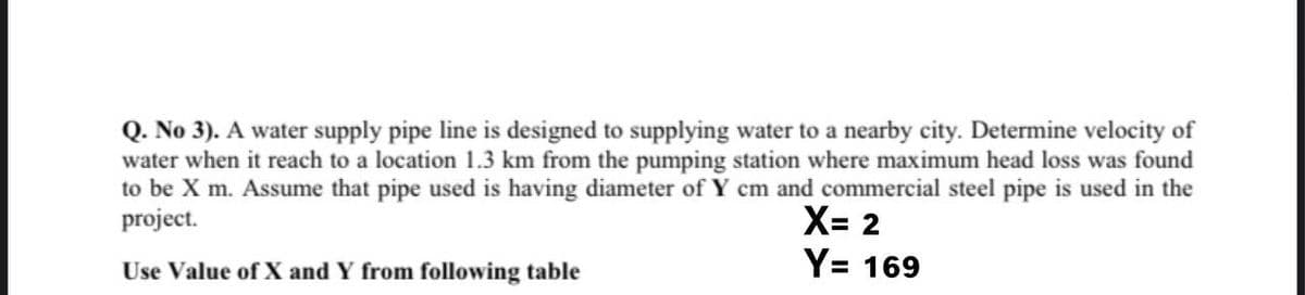 Q. No 3). A water supply pipe line is designed to supplying water to a nearby city. Determine velocity of
water when it reach to a location 1.3 km from the pumping station where maximum head loss was found
to be X m. Assume that pipe used is having diameter of Y cm and commercial steel pipe is used in the
project.
X= 2
Y= 169
Use Value of X and Y from following table
