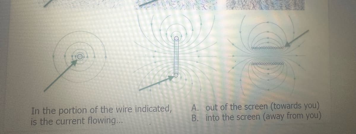 In the portion of the wire indicated,
is the current flowing...
00000
ooooo
A. out of the screen (towards you)
B. into the screen (away from you)