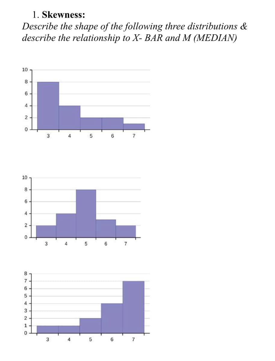 1. Skewness:
Describe the shape of the following three distributions &
describe the relationship to X- BAR and M (MEDIAN)
10
8.
6
4
2
3
7
10
8.
4
4
6
7
8.
5
4
3
2
6
7
