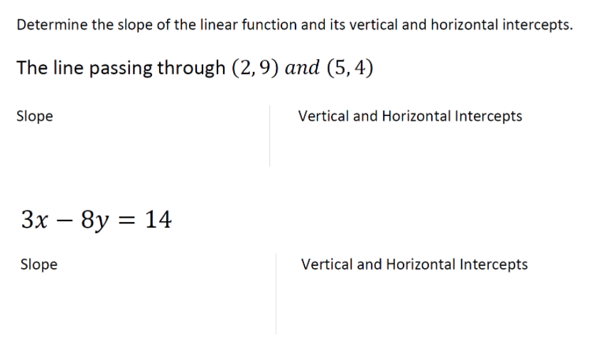 Determine the slope of the linear function and its vertical and horizontal intercepts.
The line passing through (2,9) and (5,4)
Slope
Vertical and Horizontal Intercepts
3x –
Зх — 8у 3D 14
-
Slope
Vertical and Horizontal Intercepts
