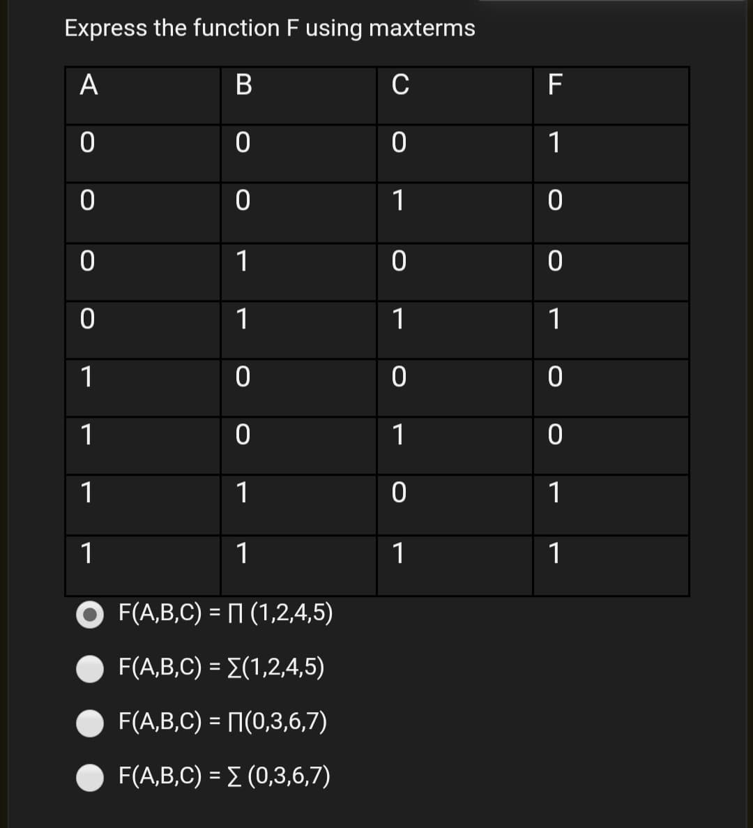 Express the function F using maxterms
A
C
F
1
1
1
1
1
1
1
1
1
1
1
1
1
1
1
1
F(A,B,C) - П (1,2,4,5)
F(AB,C) - Σ(1 ,2,4,5)
F(A,B,C) - П(0,3,6,7)
F(A,B,C) = E (0,3,6,7)
