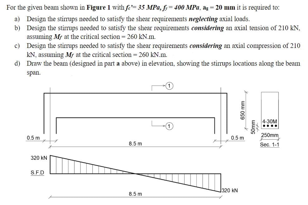 For the given beam shown in Figure 1 with fc= 35 MPa, fy = 400 MPa, ag = 20 mm it is required to:
a) Design the stirrups needed to satisfy the shear requirements neglecting axial loads.
b) Design the stirrups needed to satisfy the shear requirements considering an axial tension of 210 kN,
assuming Mr at the critical section = 260 kN.m.
c) Design the stirrups needed to satisfy the shear requirements considering an axial compression of 210
kN, assuming Ms at the critical section = 260 kN.m.
d) Draw the beam (designed in part a above) in elevation, showing the stirrups locations along the beam
span.
4-30M
....
250mm
Sec. 1-1
0.5 m
0.5 m
8.5 m
320 kN
S.F.D
320 kN
8.5 m
650 mm
50mm
