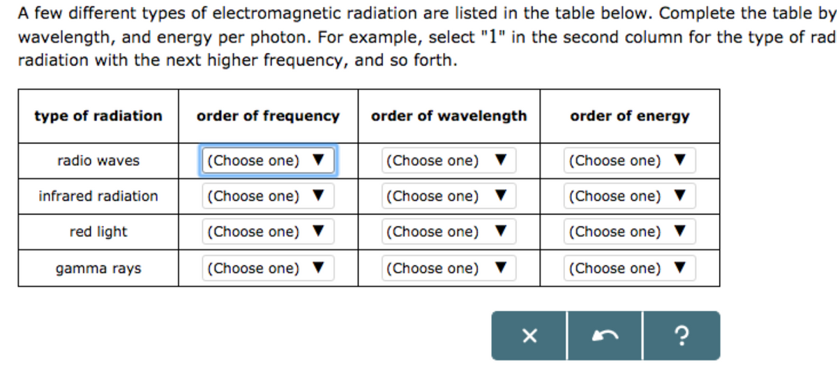 A few different types of electromagnetic radiation are listed in the table below. Complete the table by
wavelength, and energy per photon. For example, select "1" in the second column for the type of rad
radiation with the next higher frequency, and so forth.
type of radiation
order of frequency
order of wavelength
order of energy
radio waves
(Choose one)
(Choose one) ▼
(Choose one) ▼
infrared radiation
(Choose one) v
(Choose one) ▼
(Choose one) ▼
red light
(Choose one)
(Choose one) ▼
(Choose one) ▼
gamma rays
(Choose one) ▼
(Choose one) ▼
(Choose one) ▼
?
