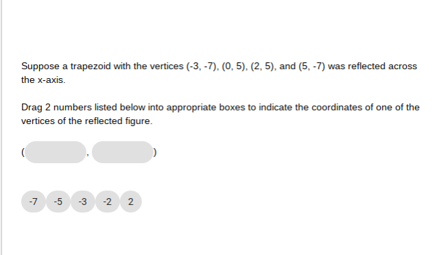 Suppose a trapezoid with the vertices (-3, -7). (0, 5). (2, 5), and (5, -7) was reflected across
the x-axis.
Drag 2 numbers listed below into appropriate boxes to indicate the coordinates of one of the
vertices of the reflected figure.
-7
-3
-2
2.
5.
