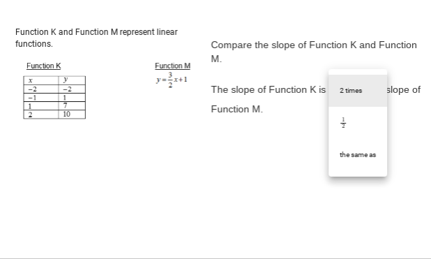 Function K and Function M represent linear
functions.
Compare the slope of Function K and Function
М.
Function M
y=+1
Function K
-2
The slope of Function K is 2 times
slope of
-2
-1
1
Function M.
10
the same as
