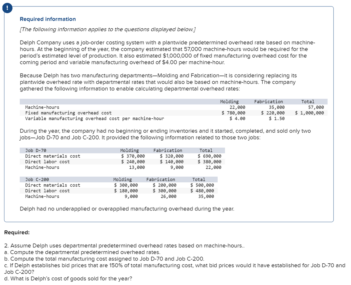 !
Required information
[The following information applies to the questions displayed below.]
Delph Company uses a job-order costing system with a plantwide predetermined overhead rate based on machine-
hours. At the beginning of the year, the company estimated that 57,000 machine-hours would be required for the
period's estimated level of production. It also estimated $1,000,000 of fixed manufacturing overhead cost for the
coming period and variable manufacturing overhead of $4.00 per machine-hour.
Because Delph has two manufacturing departments-Molding and Fabrication-it is considering replacing its
plantwide overhead rate with departmental rates that would also be based on machine-hours. The company
gathered the following information to enable calculating departmental overhead rates:
Machine-hours
Fixed manufacturing overhea
Variable manufacturing overhead cost per machine-hour
Job D-70
Direct materials cost
Direct labor cost
Machine-hours
During the year, the company had no beginning or ending inventories and it started, completed, and sold only two
jobs-Job D-70 and Job C-200. It provided the following information related to those two jobs:
Molding
$ 370,000
$ 240,000
13,000
Job C-200
Direct materials cost
Direct labor cost
Machine-hours
Fabrication
$ 320,000
$ 140,000
9,000
Molding
$ 300,000
$ 180,000
9,000
Molding
22,000
$ 780,000
$ 4.00
Total
$ 500,000
$ 480,000
35,000
Delph had no underapplied or overapplied manufacturing overhead during the year.
Fabrication
$ 200,000
$ 300,000
26,000
Total
$ 690,000
$ 380,000
22,000
Fabrication
35,000
$ 220,000
$ 1.50
Total
57,000
$ 1,000,000
Required:
2. Assume Delph uses departmental predetermined overhead rates based on machine-hours..
a. Compute the departmental predetermined overhead rates.
b. Compute the total manufacturing cost assigned to Job D-70 and Job C-200.
c. If Delph establishes bid prices that are 150% of total manufacturing cost, what bid prices would it have established for Job D-70 and
Job C-200?
d. What is Delph's cost of goods sold for the year?