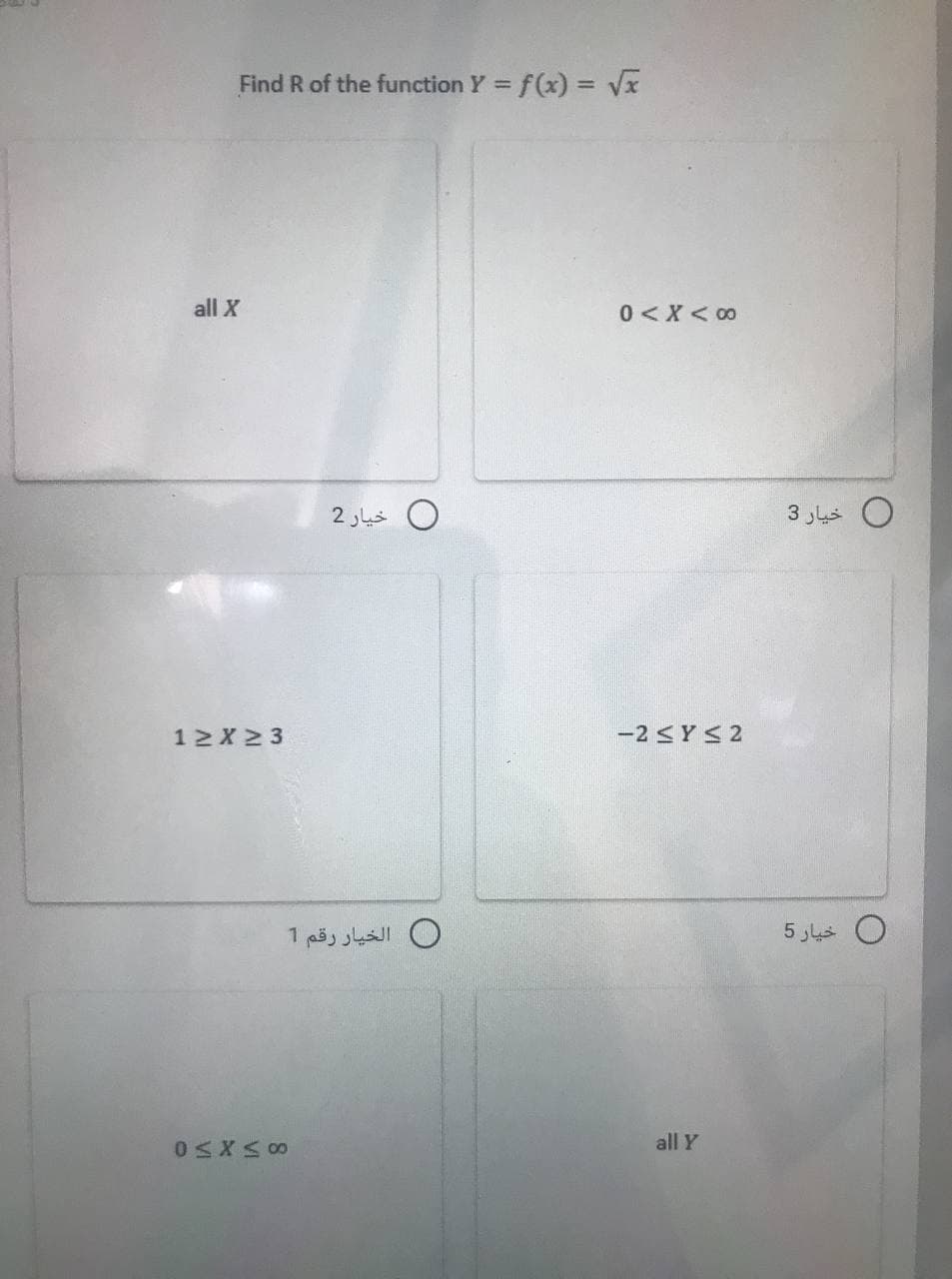 Find R of the function Y = f(x) = Vx
all X
0 <X < 00
0 خيار 2
خيار 3
12X 2 3
-2 <Y 2
0 الخيار رقم 1
0 خيار 5
all Y
