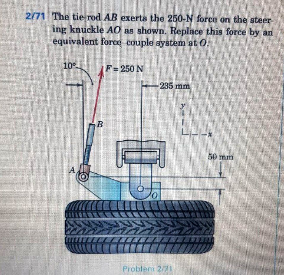 2/71 The tie-rod AB exerts the 250-N force on the steer-
ing knuckle AO as shown. Replace this force by an
equivalent force-couple system at O.
10°
F=250 N
-235mm
B
50 mm
A
Problem 2/71
